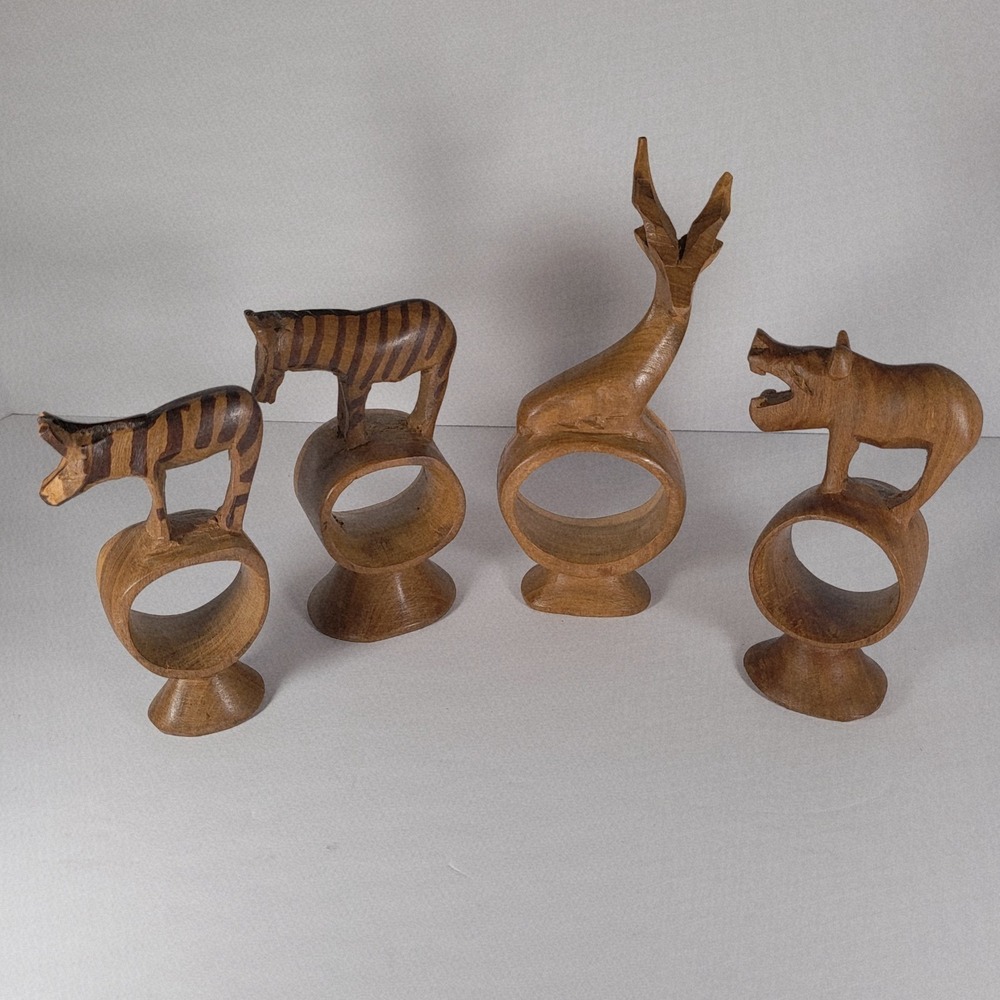 Vintage‎ Hand Carved Wooden Safari Animal Napkin Rings Set of 4 African Wildlife